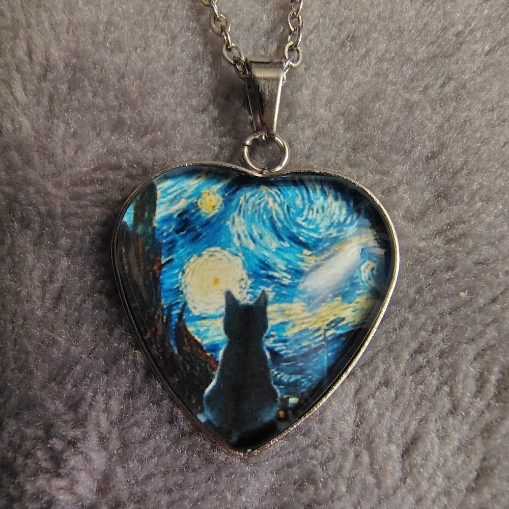 Starry Night Black Cat Pendant Necklace